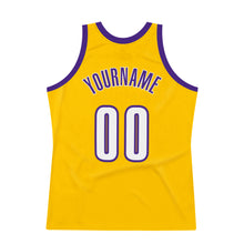 Load image into Gallery viewer, Custom Gold White-Purple Authentic Throwback Basketball Jersey