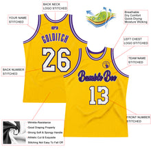 Load image into Gallery viewer, Custom Gold White-Purple Authentic Throwback Basketball Jersey