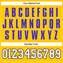 Load image into Gallery viewer, Custom Gold White-Purple Authentic Throwback Basketball Jersey