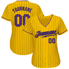 Load image into Gallery viewer, Custom Yellow Black Pinstripe Purple-Black Authentic Baseball Jersey