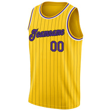 Load image into Gallery viewer, Custom Gold Black Pinstripe Purple-White Authentic Basketball Jersey