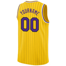 Load image into Gallery viewer, Custom Gold Black Pinstripe Purple-White Authentic Basketball Jersey