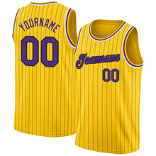 Load image into Gallery viewer, Custom Gold Black Pinstripe Purple-White Authentic Basketball Jersey