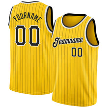 Load image into Gallery viewer, Custom Gold Black Pinstripe Black-White Authentic Basketball Jersey