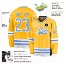 Load image into Gallery viewer, Custom Gold Light Blue-White Hockey Jersey