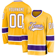 Load image into Gallery viewer, Custom Gold White-Purple Hockey Jersey