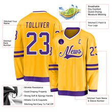 Load image into Gallery viewer, Custom Gold Purple-White Hockey Jersey