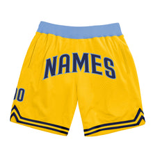Load image into Gallery viewer, Custom Gold Navy-Light Blue Authentic Throwback Basketball Shorts