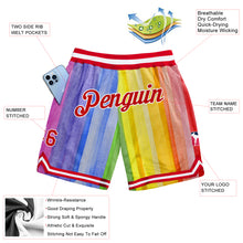 Load image into Gallery viewer, Custom Gold Red-White 3D Pattern Design Rainbow Authentic Basketball Shorts