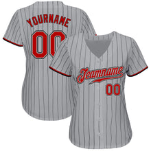 Load image into Gallery viewer, Custom Gray Black Pinstripe Red-Black Authentic Baseball Jersey