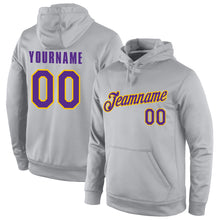 Load image into Gallery viewer, Custom Stitched Gray Purple-Gold Sports Pullover Sweatshirt Hoodie
