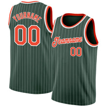 Load image into Gallery viewer, Custom Hunter Green White Pinstripe Orange-White Authentic Basketball Jersey