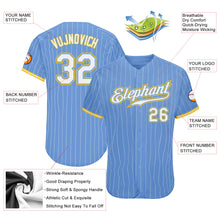 Load image into Gallery viewer, Custom Light Blue White Pinstripe White-Gold Authentic Baseball Jersey