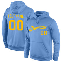 Load image into Gallery viewer, Custom Stitched Light Blue Gold Sports Pullover Sweatshirt Hoodie