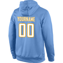 Load image into Gallery viewer, Custom Stitched Light Blue White-Gold Sports Pullover Sweatshirt Hoodie