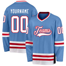 Load image into Gallery viewer, Custom Light Blue White-Red Hockey Jersey