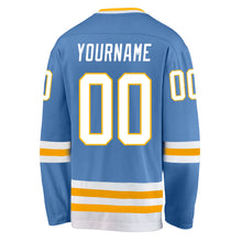 Load image into Gallery viewer, Custom Light Blue White-Gold Hockey Jersey