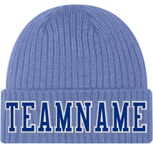 Load image into Gallery viewer, Custom Light Blue Royal-White Stitched Cuffed Knit Hat