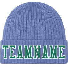 Load image into Gallery viewer, Custom Light Blue Kelly Green-White Stitched Cuffed Knit Hat