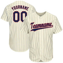 Load image into Gallery viewer, Custom Cream Navy Pinstripe Navy-Red Baseball Jersey