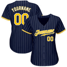 Load image into Gallery viewer, Custom Navy White Pinstripe Gold-White Authentic Baseball Jersey