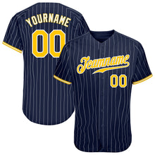 Load image into Gallery viewer, Custom Navy White Pinstripe Gold-White Authentic Baseball Jersey