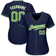 Load image into Gallery viewer, Custom Navy White Pinstripe Neon Green-White Authentic Baseball Jersey