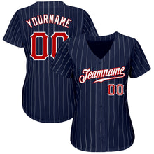 Load image into Gallery viewer, Custom Navy White Pinstripe Red-White Authentic Baseball Jersey