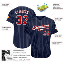 Load image into Gallery viewer, Custom Navy White Pinstripe Red-White Authentic Baseball Jersey