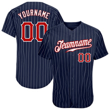 Load image into Gallery viewer, Custom Navy White Pinstripe Red-White Authentic Baseball Jersey