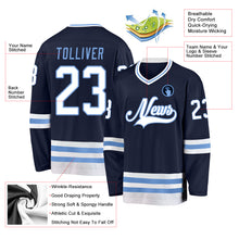 Load image into Gallery viewer, Custom Navy White-Light Blue Hockey Jersey