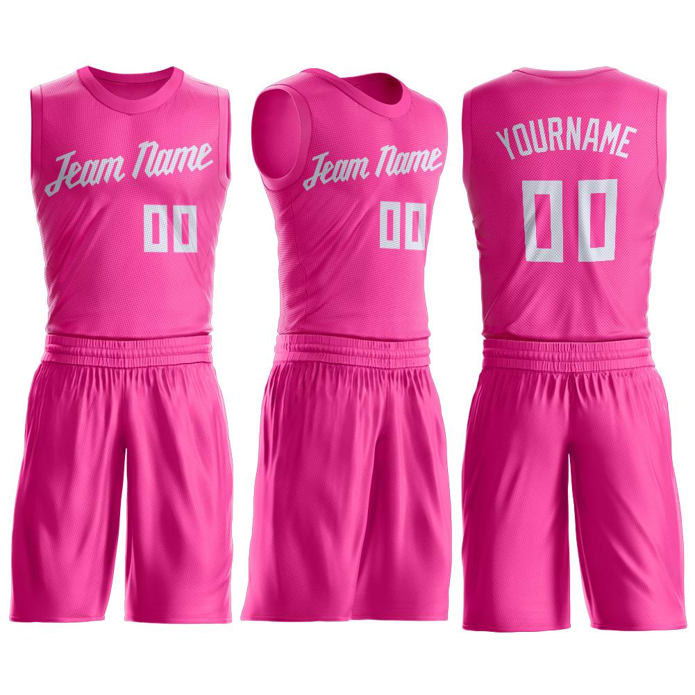 Custom White Pink-Light Blue Music Festival Round Neck Sublimation  Basketball Suit Jersey Discount