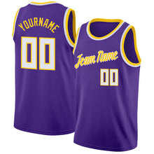 Load image into Gallery viewer, Custom Purple White-Gold Round Neck Rib-Knit Basketball Jersey