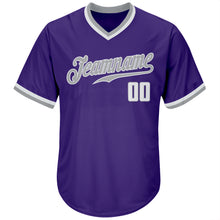 Load image into Gallery viewer, Custom Purple White-Gray Authentic Throwback Rib-Knit Baseball Jersey Shirt