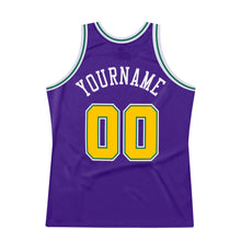 Load image into Gallery viewer, Custom Purple Gold-Kelly Green Authentic Throwback Basketball Jersey