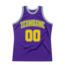Load image into Gallery viewer, Custom Purple Gold-Kelly Green Authentic Throwback Basketball Jersey