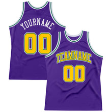 Load image into Gallery viewer, Custom Purple Gold-Kelly Green Authentic Throwback Basketball Jersey