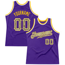 Load image into Gallery viewer, Custom Purple Camo-Gold Authentic Throwback Basketball Jersey