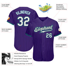 Load image into Gallery viewer, Custom Purple Black Pinstripe White-Teal Authentic Baseball Jersey
