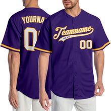 Load image into Gallery viewer, Custom Purple White-Gold Authentic Baseball Jersey