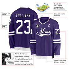 Load image into Gallery viewer, Custom Purple White Hockey Jersey