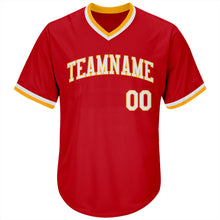 Load image into Gallery viewer, Custom Red White-Gold Authentic Throwback Rib-Knit Baseball Jersey Shirt