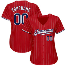 Load image into Gallery viewer, Custom Red White Pinstripe Navy-White Authentic Baseball Jersey