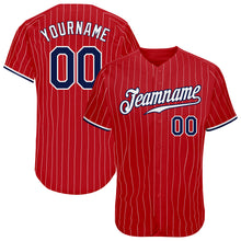 Load image into Gallery viewer, Custom Red White Pinstripe Navy-White Authentic Baseball Jersey