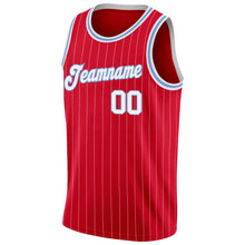 Load image into Gallery viewer, Custom Red White Pinstripe White-Light Blue Authentic Basketball Jersey