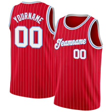 Load image into Gallery viewer, Custom Red White Pinstripe White-Light Blue Authentic Basketball Jersey