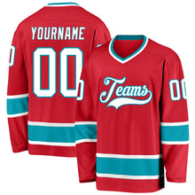 Load image into Gallery viewer, Custom Red White-Teal Hockey Jersey