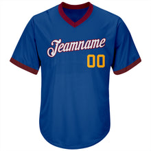 Load image into Gallery viewer, Custom Royal Gold-Maroon Authentic Throwback Rib-Knit Baseball Jersey Shirt