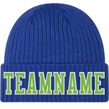 Load image into Gallery viewer, Custom Royal Neon Green-White Stitched Cuffed Knit Hat