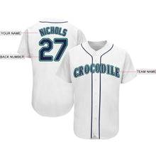 Load image into Gallery viewer, Custom White Navy-Teal Baseball Jersey